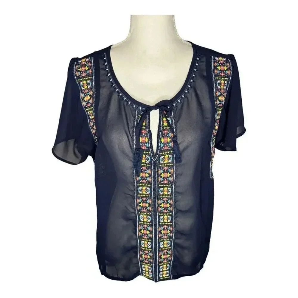 American Eagle Outfitters Women's Large Navy Boho Embroidered Tunic Top